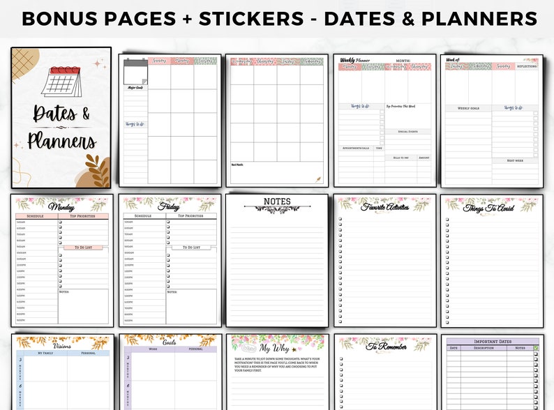 Op de afbeelding: Een set printbare plannerpagina's met bloemmotieven. De pagina's bevatten secties voor notities, takenlijsten, schema's en belangrijke data. De pagina's zijn ontworpen om je te helpen georganiseerd en op schema te blijven.