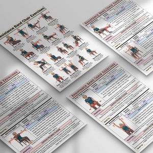 Puede incluir: Cuatro gr&aacute;ficos de ejercicios titulados "Resistance Band Chair Exercises" se muestran en &aacute;ngulo. Cada gr&aacute;fico presenta ilustraciones de ejercicios, instrucciones e informaci&oacute;n relacionada. Los gr&aacute;ficos est&aacute;n impresos en papel blanco con texto y gr&aacute;ficos coloridos.