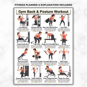 May include: A fitness guide titled "Gym Back & Posture Workout" with exercise illustrations. The guide includes exercises like Lat Pulldown, Assisted Pull-Up, Bent-Over Barbell Row, and Face Pulls, with instructions and rep counts.