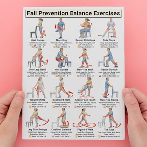 May include: A white poster titled "Fall Prevention Balance Exercises" held by hands against a pink background. The poster features illustrated exercises with instructions, including Heel Raises, Marching, and Toe Taps.