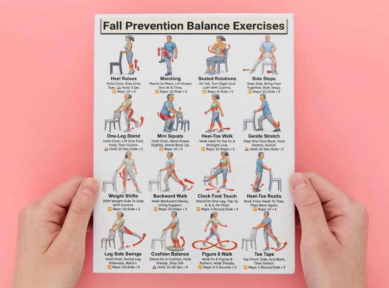 May include: A white poster titled "Fall Prevention Balance Exercises" held by hands against a pink background. The poster features illustrated exercises with instructions, including Heel Raises, Marching, and Toe Taps.