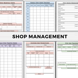 May include: A printable Etsy shop management tracker with sections for monthly stats, yearly stats, traffic stats, coupons and promotions, order management, and Etsy ads. The tracker is designed to help Etsy sellers track their shop's performance and make informed decisions about their business.
