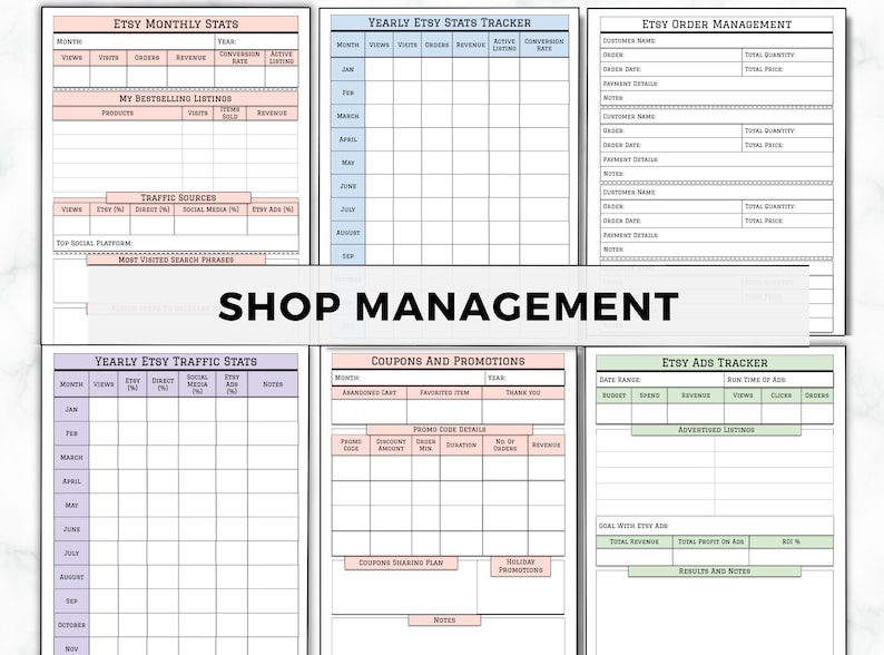 May include: A printable Etsy shop management tracker with sections for monthly stats, yearly stats, traffic stats, coupons and promotions, order management, and Etsy ads. The tracker is designed to help Etsy sellers track their shop's performance and make informed decisions about their business.