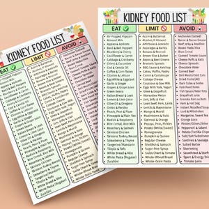 May include: Two printed lists titled "Kidney Food List" categorize foods into "Eat," "Limit," and "Avoid" sections. The lists are on white paper with colorful headers and are designed to provide dietary guidance for kidney health.