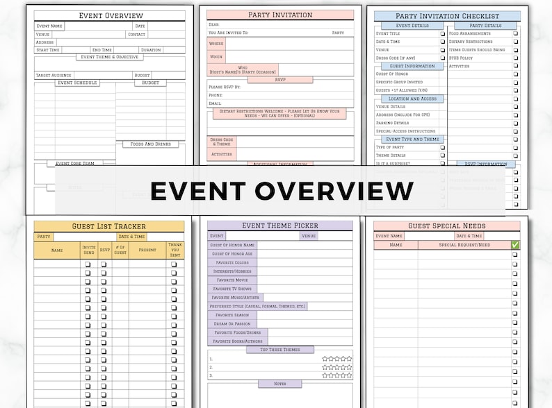 Pu&ograve; includere: Un elenco di controllo per la pianificazione di eventi stampabile con sezioni per la panoramica dell'evento, il tracker dell'elenco degli ospiti, la selezione del tema dell'evento, l'invito alla festa e le esigenze speciali degli ospiti. L'elenco di controllo &egrave; progettato in uno schema di colori pastello con accenti rosa, blu e gialli.