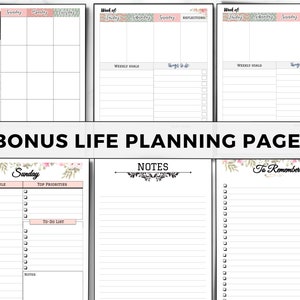 May include: A set of printable planner pages with floral designs. The pages include sections for weekly goals, to-do lists, notes, and reflections. The pages are designed to help you plan your week and stay organized.