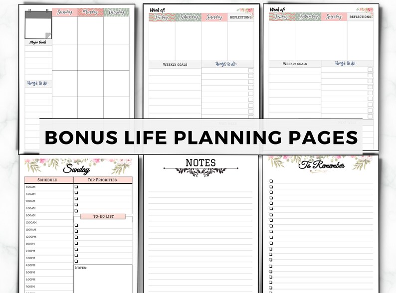 May include: A set of printable planner pages with floral designs. The pages include sections for weekly goals, to-do lists, notes, and reflections. The pages are designed to help you plan your week and stay organized.