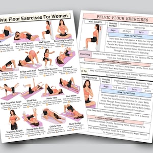 May include: Two printed sheets with illustrations and instructions for pelvic floor exercises. One sheet is titled "Pelvic Floor Exercises For Women." The exercises include Basic Kegel, Wall Squats, and Bridge Pose. The other sheet details Wall Squats and Breathing exercises.