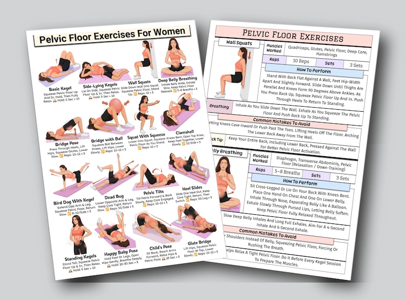 May include: Two printed sheets with illustrations and instructions for pelvic floor exercises. One sheet is titled "Pelvic Floor Exercises For Women." The exercises include Basic Kegel, Wall Squats, and Bridge Pose. The other sheet details Wall Squats and Breathing exercises.