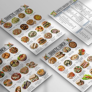 May include: Four printed sheets with images of diabetic lunch options and a grocery list. The sheets are white with colorful images of various dishes, including salads, sandwiches, and entrees. The text "Diabetic Lunch" is printed on the top of three sheets.