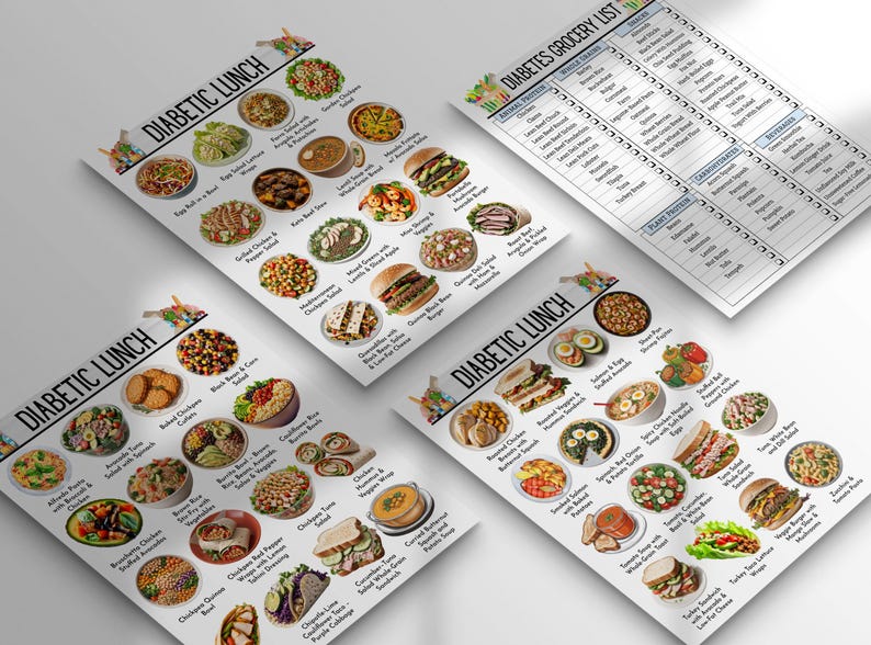 May include: Four printed sheets with images of diabetic lunch options and a grocery list. The sheets are white with colorful images of various dishes, including salads, sandwiches, and entrees. The text "Diabetic Lunch" is printed on the top of three sheets.