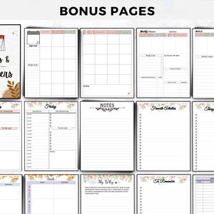 Puede incluir: Una colecci&oacute;n de p&aacute;ginas de planificador con varios dise&ntilde;os. Las p&aacute;ginas incluyen secciones para fechas, planificaci&oacute;n semanal, notas y objetivos. El dise&ntilde;o incorpora acentos florales y el texto "BONUS PAGES" en la parte superior. La portada dice "Dates & Planners".