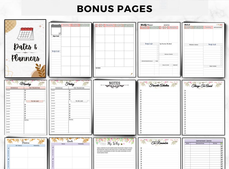 Puede incluir: Una colecci&oacute;n de p&aacute;ginas de planificador con varios dise&ntilde;os. Las p&aacute;ginas incluyen secciones para fechas, planificaci&oacute;n semanal, notas y objetivos. El dise&ntilde;o incorpora acentos florales y el texto "BONUS PAGES" en la parte superior. La portada dice "Dates & Planners".
