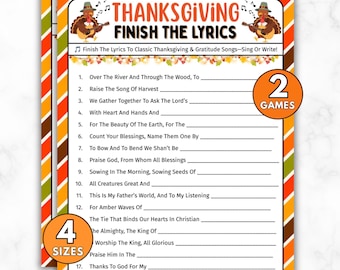 Thanksgiving Finish the Lyrics Trivia Game, Friendsgiving Family Music Quiz, Fall Holiday Song, Hymn, Fun Thanksgiving Games Party Activity