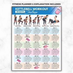 May include: A 30-day kettlebell workout challenge fitness planner chart. The document features illustrations of five kettlebell exercises at the top, followed by a grid of daily tasks with checkboxes, color-coded sections, and text labels.