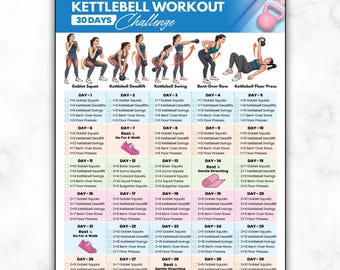 30 Day Kettlebell Workout Challenge, Full Body Exercise Routine Legs, Arms, Core, Home Fitness Planner, Strength & Conditioning Training PDF