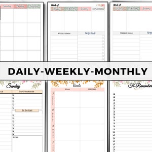 May include: A printable planner with floral designs. The planner includes daily, weekly, and monthly sections. The daily section has a schedule, top priorities, and to-do list. The weekly section has weekly goals and things to do. The monthly section has goals for work and personal life. The planner also has a section for things to remember.