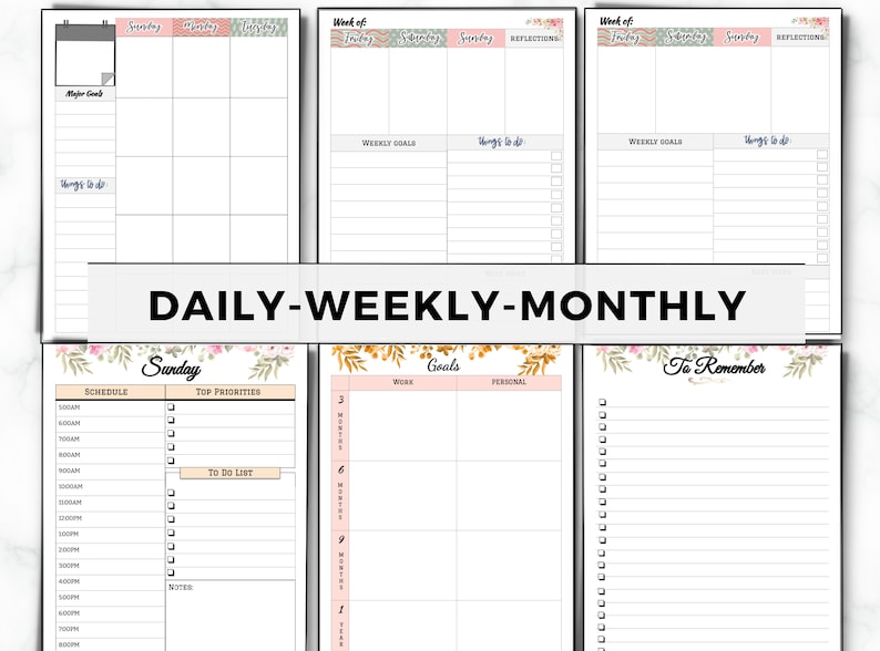 May include: A printable planner with floral designs. The planner includes daily, weekly, and monthly sections. The daily section has a schedule, top priorities, and to-do list. The weekly section has weekly goals and things to do. The monthly section has goals for work and personal life. The planner also has a section for things to remember.