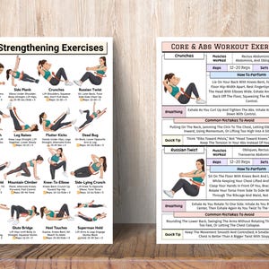Puede incluir: Dos tablas de ejercicios con ilustraciones e instrucciones para el fortalecimiento del core y entrenamientos abdominales. Las tablas incluyen ejercicios como planchas, abdominales y giros rusos, con detalles sobre repeticiones y series. Las tablas est&aacute;n dise&ntilde;adas para entusiastas del fitness.