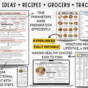 May include: A digital planner for people with diabetes. The planner includes meal ideas, recipes, grocery lists, and blood sugar tracking. The planner is hyperlinked and fully editable, making it easy to find healthy choices.