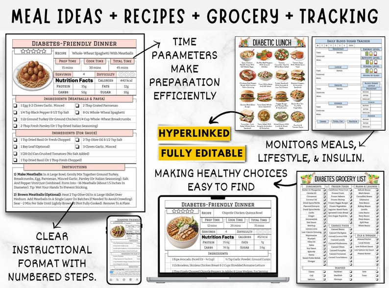 May include: A digital planner for people with diabetes. The planner includes meal ideas, recipes, grocery lists, and blood sugar tracking. The planner is hyperlinked and fully editable, making it easy to find healthy choices.