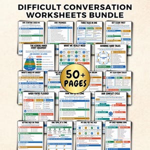 May include: A bundle of printable worksheets titled Difficult Conversation Worksheets Bundle, featuring over 50 pages of communication guides, checklists, and diagrams with blue, orange, and green accents for relationship conflict resolution.