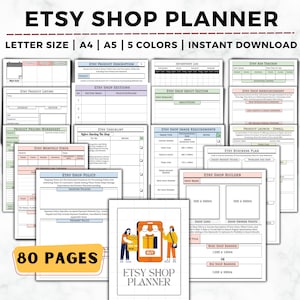 May include: A colourful printable Etsy shop planner with 80 pages. The planner includes sections for product descriptions, shop sections, shop about section, product pricing worksheet, Etsy checklist, Etsy shop image requirements, Etsy shop policy, Etsy business plan, and Etsy shop builder. The planner is available in letter, A4, and A5 sizes and in five colours.