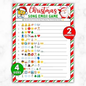 May include: A Christmas Song Emoji Game printable with a red and green border. The game includes emoji strings to decode Christmas songs. The game has 2 versions and is available in 4 sizes. The title "Christmas Song Emoji Game" is at the top.