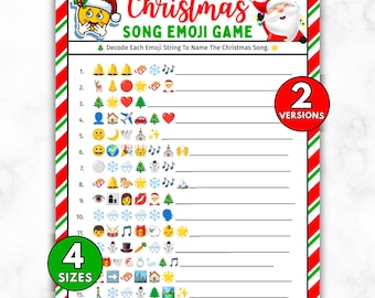 May include: A Christmas Song Emoji Game printable with a red and green border. The game includes emoji strings to decode Christmas songs. The game has 2 versions and is available in 4 sizes. The title "Christmas Song Emoji Game" is at the top.