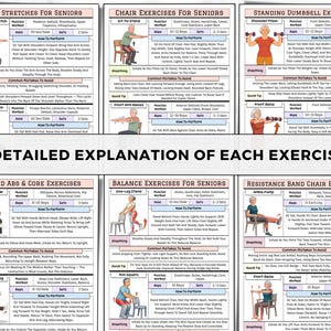 May include: A collection of six instructional exercise charts for seniors, featuring illustrations of individuals performing movements. Each chart includes sections for muscles worked, repetitions, sets, breathing techniques, common mistakes, and detailed instructions.