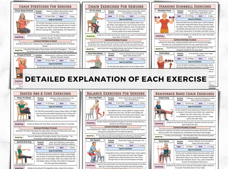 May include: A collection of six instructional exercise charts for seniors, featuring illustrations of individuals performing movements. Each chart includes sections for muscles worked, repetitions, sets, breathing techniques, common mistakes, and detailed instructions.