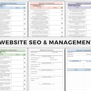 May include: A website SEO and management checklist with sections for off-page SEO, on-page SEO, and website optimization. Includes to-do lists, notes sections, and details for website elements. The design is a grid layout with a neutral color scheme.