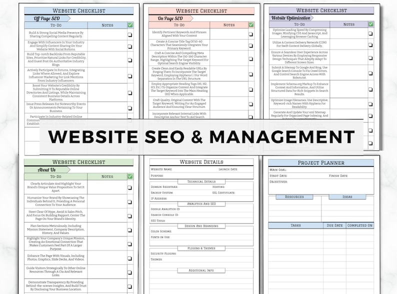 May include: A website SEO and management checklist with sections for off-page SEO, on-page SEO, and website optimization. Includes to-do lists, notes sections, and details for website elements. The design is a grid layout with a neutral color scheme.