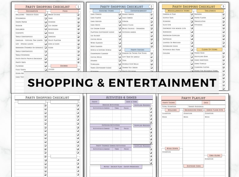 Pu&ograve; includere: Un elenco di controllo per la pianificazione di una festa stampabile con sezioni per lo shopping, l'intrattenimento, le attivit&agrave; e una playlist. L'elenco di controllo include elementi come decorazioni, cibo, bevande, articoli da portata, intrattenimento, articoli vari, stoviglie, articoli per la pulizia, attivit&agrave; e giochi e una playlist per feste.