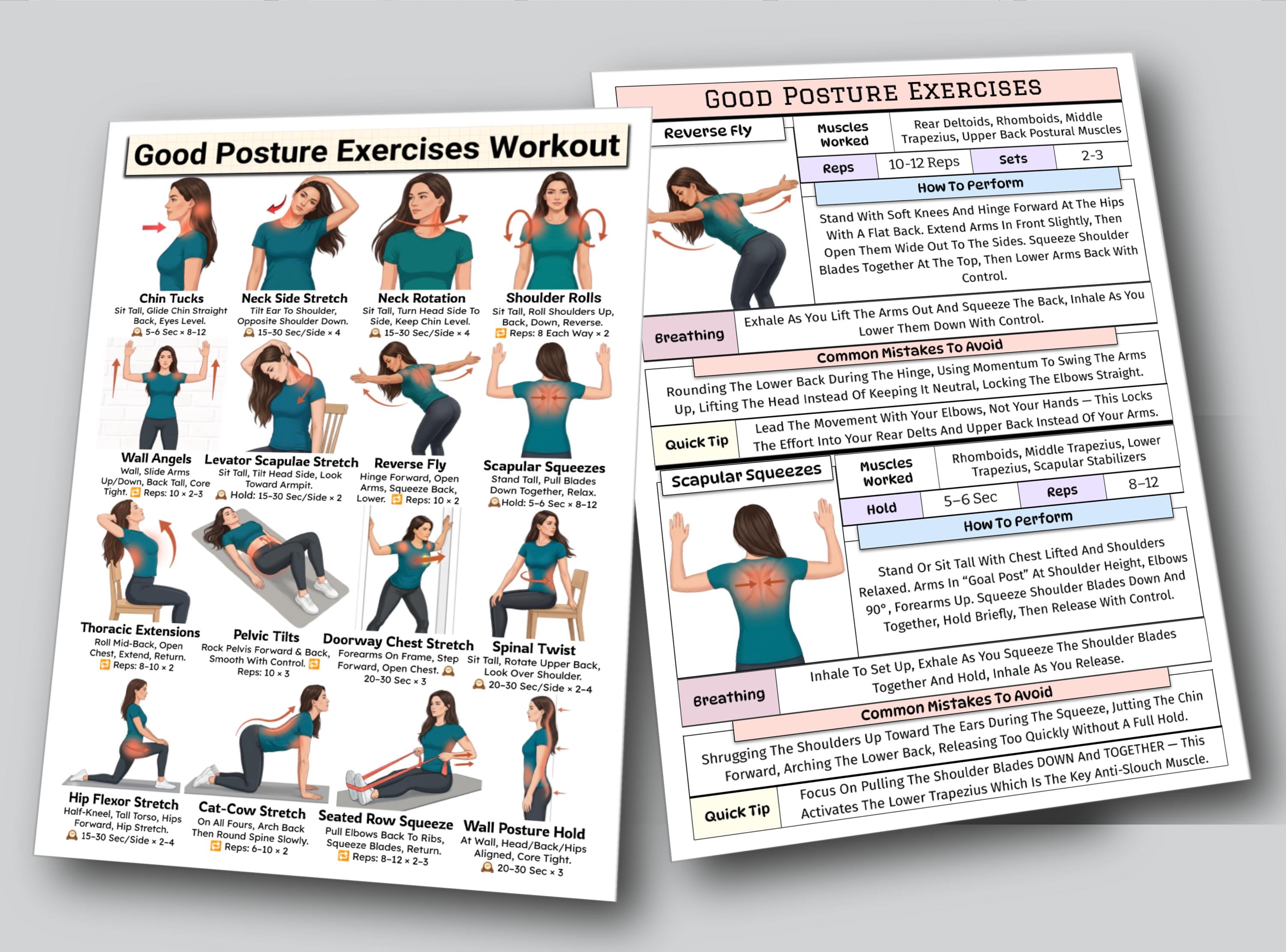 Good Posture Exercises Chart, Back Neck Workout Improve Poster, Home ...
