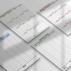 K&ouml;nnte beinhalten: Vier druckbare Budget-Tracker-Bl&auml;tter mit verschiedenen Farbschemata. Die Bl&auml;tter sind mit "W&ouml;chentlicher Ausgabenplan" und "Ausgaben-Tracker" betitelt.