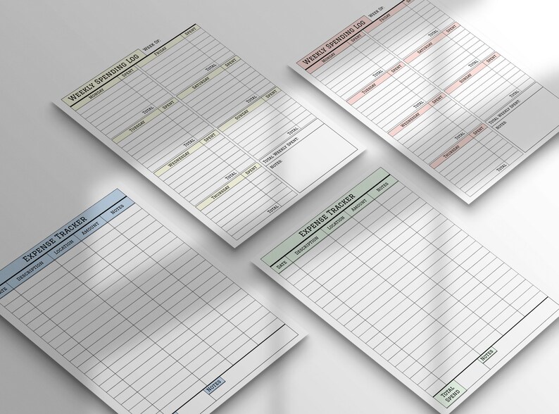 K&ouml;nnte beinhalten: Vier druckbare Budget-Tracker-Bl&auml;tter mit verschiedenen Farbschemata. Die Bl&auml;tter sind mit "W&ouml;chentlicher Ausgabenplan" und "Ausgaben-Tracker" betitelt.