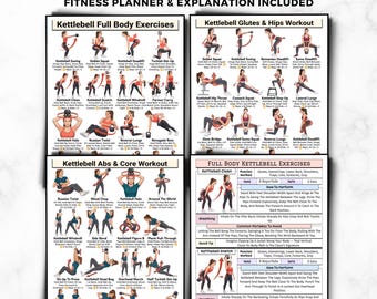 Kettlebell Workout Bundle, Full Body Kettlebell Exercises, Glutes & Hips Workout Abs Core Kettlebell Chart Printable Home Gym Routine Poster