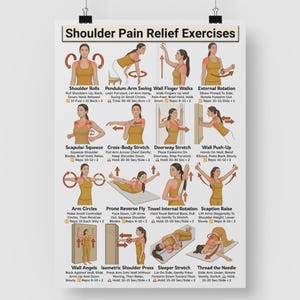 May include: A poster titled "Shoulder Pain Relief Exercises" displays illustrations of various stretches. The exercises include Shoulder Rolls, Pendulum Arm Swing, Wall Finger Walks, and more, with instructions for each. The poster is designed to guide users through shoulder pain relief.