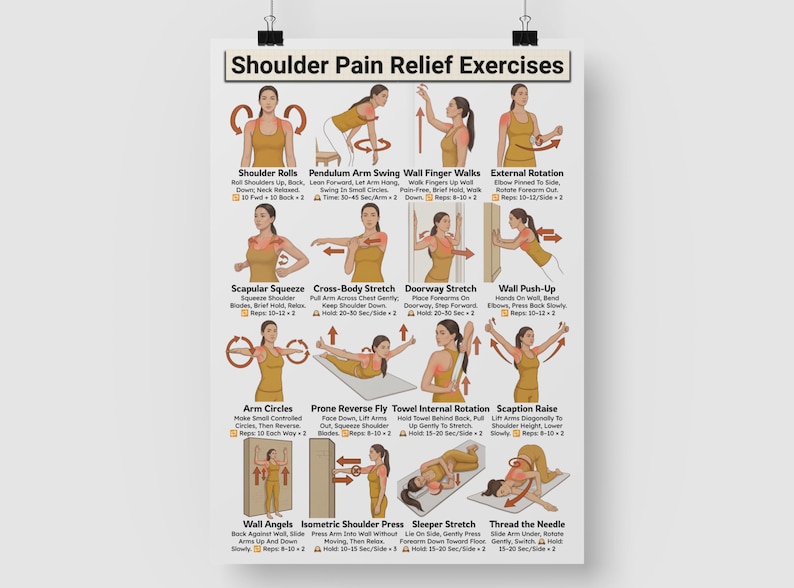 May include: A poster titled "Shoulder Pain Relief Exercises" displays illustrations of various stretches. The exercises include Shoulder Rolls, Pendulum Arm Swing, Wall Finger Walks, and more, with instructions for each. The poster is designed to guide users through shoulder pain relief.