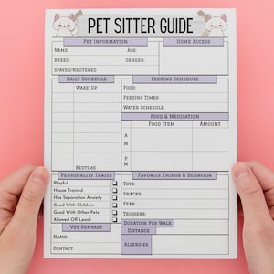 May include: A printable pet sitter guide with sections for pet information, daily schedule, feeding schedule, personality traits, favourite things and behaviour, vet contact, and duration per walk. The guide features a cute cartoon cat illustration.