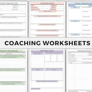 May include: A set of printable coaching worksheets with titles like "Healthy Boundaries", "Personal Crisis", "Progress Notes", and "Client Coaching Goals". The worksheets are designed to help coaches and clients work together to achieve goals and improve well-being.