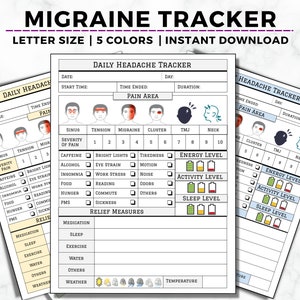 Migraine Tracker Printable, Headache Tracker, Chronic Headache Pain Log, Track Headache Symptoms & Severity, Headache Relief Journal