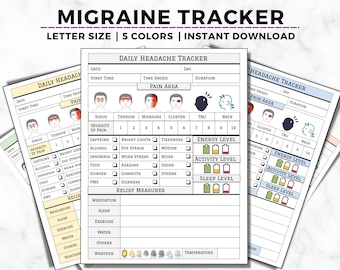 Migraine Tracker Printable, Headache Tracker, Chronic Headache Pain Log, Track Headache Symptoms & Severity, Headache Relief Journal