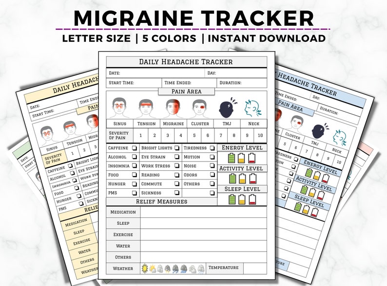 May include: Printable migraine tracker with a colorful design. The tracker includes sections for recording date, start time, end time, pain area, severity of pain, triggers, relief measures, energy level, activity level, and sleep level. The tracker also includes a section for recording medication, sleep, exercise, water, other relief measures, and weather.