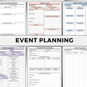 May include: A collection of event planning templates, including brainstorming, event plan, menu plan, budget, decoration planner, and gifts tracker. The templates feature sections for details like event name, date, theme, and budget.