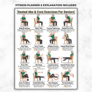 May include: A fitness planner for seated abs and core exercises for seniors. The poster includes illustrated instructions for various exercises, such as belly breathing, pelvic tilts, and knee lifts, with accompanying text.