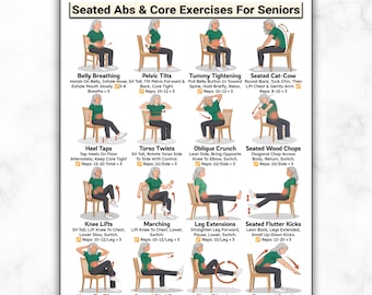 Seated Ab and Core Exercises For Seniors, Gentle Chair Workout Printable, Low Impact No Equipment Abdominal Home Exercise Chart For Elderly