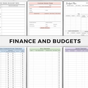May include: A printable set of finance and budget trackers. The trackers include sections for Etsy bank account info, custom order forms, budget plans, business subscription trackers, bill trackers, and sales trackers.