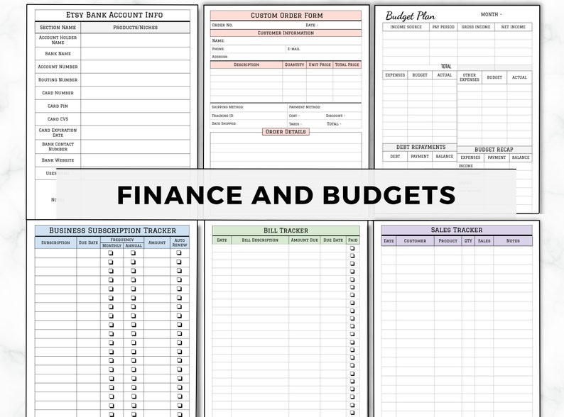 May include: A printable set of finance and budget trackers. The trackers include sections for Etsy bank account info, custom order forms, budget plans, business subscription trackers, bill trackers, and sales trackers.